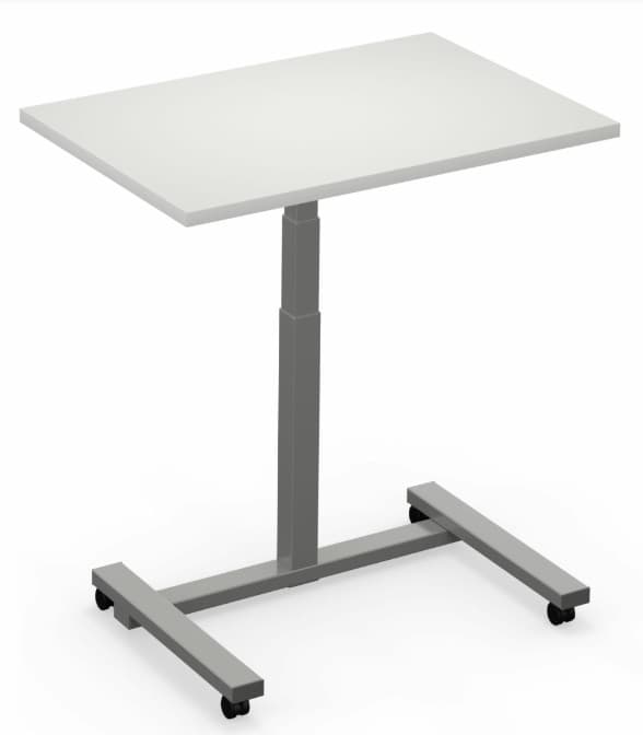 A modern, height-adjustable mobile table featuring a rectangular white tabletop supported by a single grey telescopic column. The column extends from an H-shaped base fitted with four black casters, allowing for easy movement and repositioning. The design is utilitarian and minimalist, suggesting use in various functional settings. — 3D model