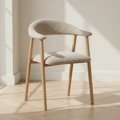 A chair with a curved upholstered backrest and a separate upholstered seat. The frame and legs are made of light-colored wood. The upholstery has a visible texture. — 3D model