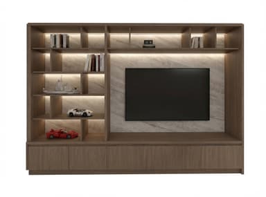 A contemporary wall-mounted entertainment center and bookshelf unit, featuring a large central recess for a television, flanked and topped by various open shelving compartments. The unit incorporates integrated LED strip lighting within many of the shelves. The TV recess is backed by a light-colored marble-look panel, while the rest of the unit is constructed from a medium-brown wood or wood veneer. The bottom section includes multiple closed storage cabinets with simple, handleless facades. — 3D model