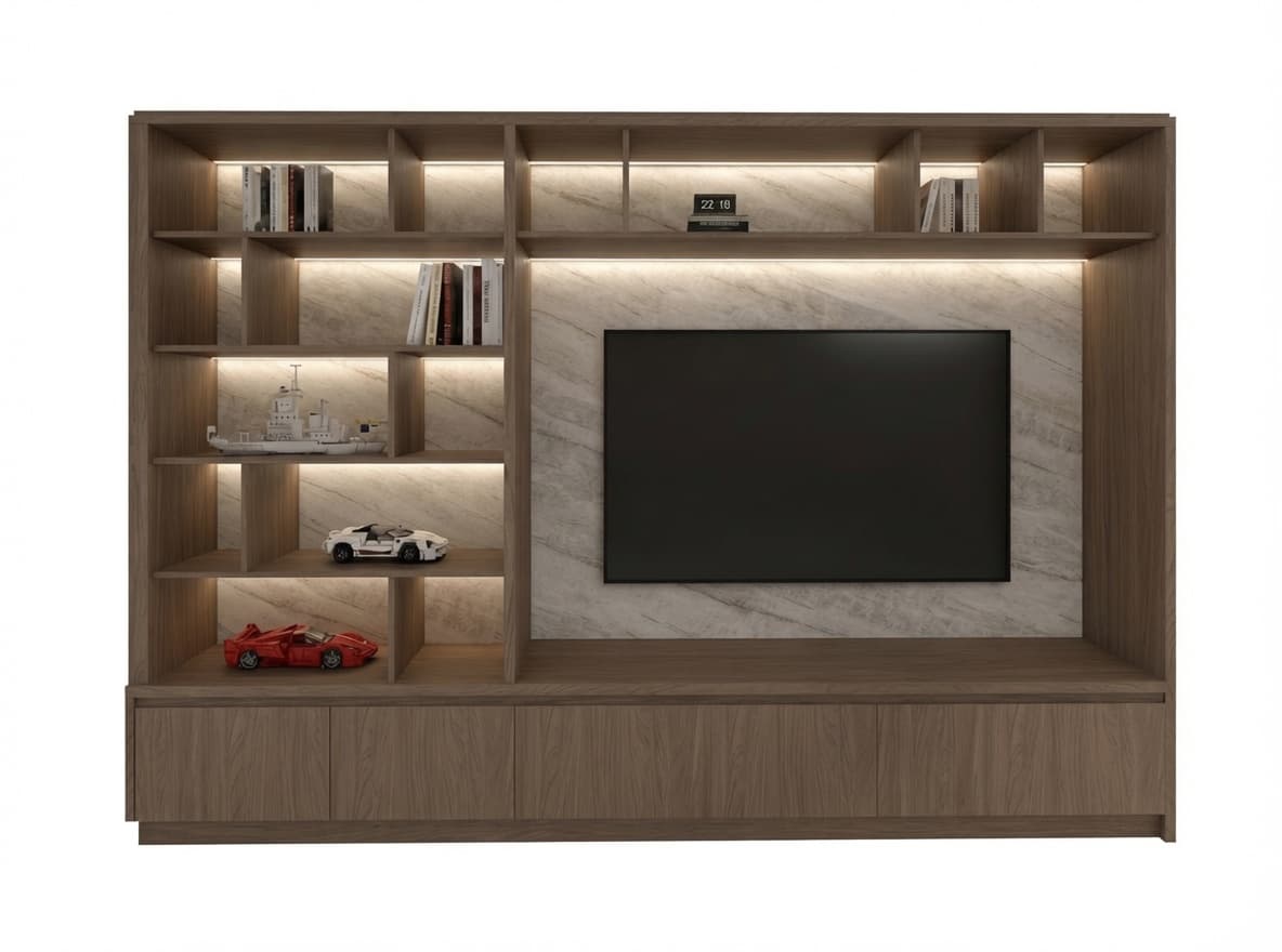 A contemporary wall-mounted entertainment center and bookshelf unit, featuring a large central recess for a television, flanked and topped by various open shelving compartments. The unit incorporates integrated LED strip lighting within many of the shelves. The TV recess is backed by a light-colored marble-look panel, while the rest of the unit is constructed from a medium-brown wood or wood veneer. The bottom section includes multiple closed storage cabinets with simple, handleless facades. — 3D model
