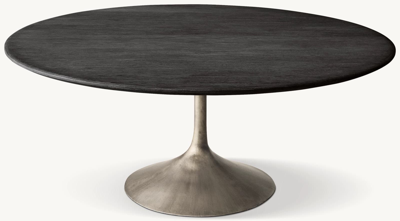 A round dining table with a dark wood top and a brushed metal pedestal base. — 3D model