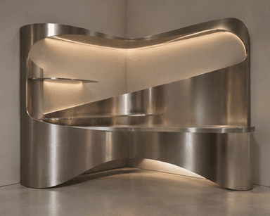 An architectural, custom-built shelving and display unit crafted from brushed stainless steel, featuring a dynamic, curvilinear form that wraps around a corner. The unit incorporates multiple display surfaces and cantilevered shelves. Integrated LED strip lighting illuminates the various recesses and shelves, highlighting the metallic surfaces and any displayed objects. The design presents a modern, sculptural aesthetic. — 3D model