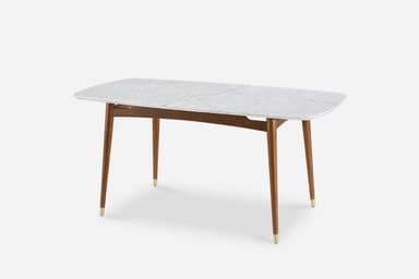 A rectangular dining table with a marble top and wooden legs. The marble top features a white base with grey veining, and its edges are rounded. The table has four tapered legs made of dark wood, each capped with a brass accent at the bottom. A wooden frame connects the legs beneath the tabletop. — 3D model