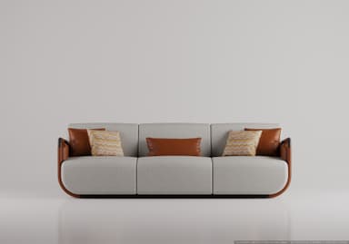A three-seat sofa with a light gray textured fabric upholstery. The sofa features curved, rounded arms and base with a brown leather accent. It is adorned with decorative throw pillows: two square pillows with a geometric pattern in yellow, brown, and white, and one rectangular brown leather pillow. — 3D model