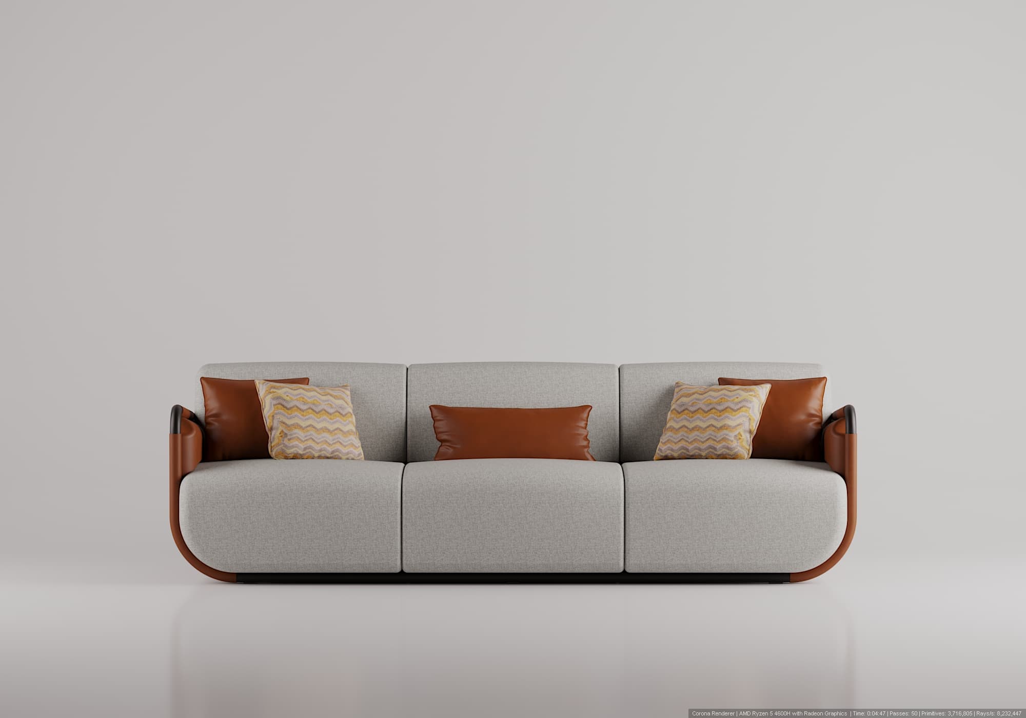 A three-seat sofa with a light gray textured fabric upholstery. The sofa features curved, rounded arms and base with a brown leather accent. It is adorned with decorative throw pillows: two square pillows with a geometric pattern in yellow, brown, and white, and one rectangular brown leather pillow. — 3D model