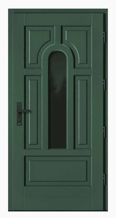 A dark green, single-panel exterior door with a prominent arched glass insert and raised panel detailing. The door features modern black lever hardware. Its design suggests a traditional or classic aesthetic, suitable for residential entryways. — 3D model
