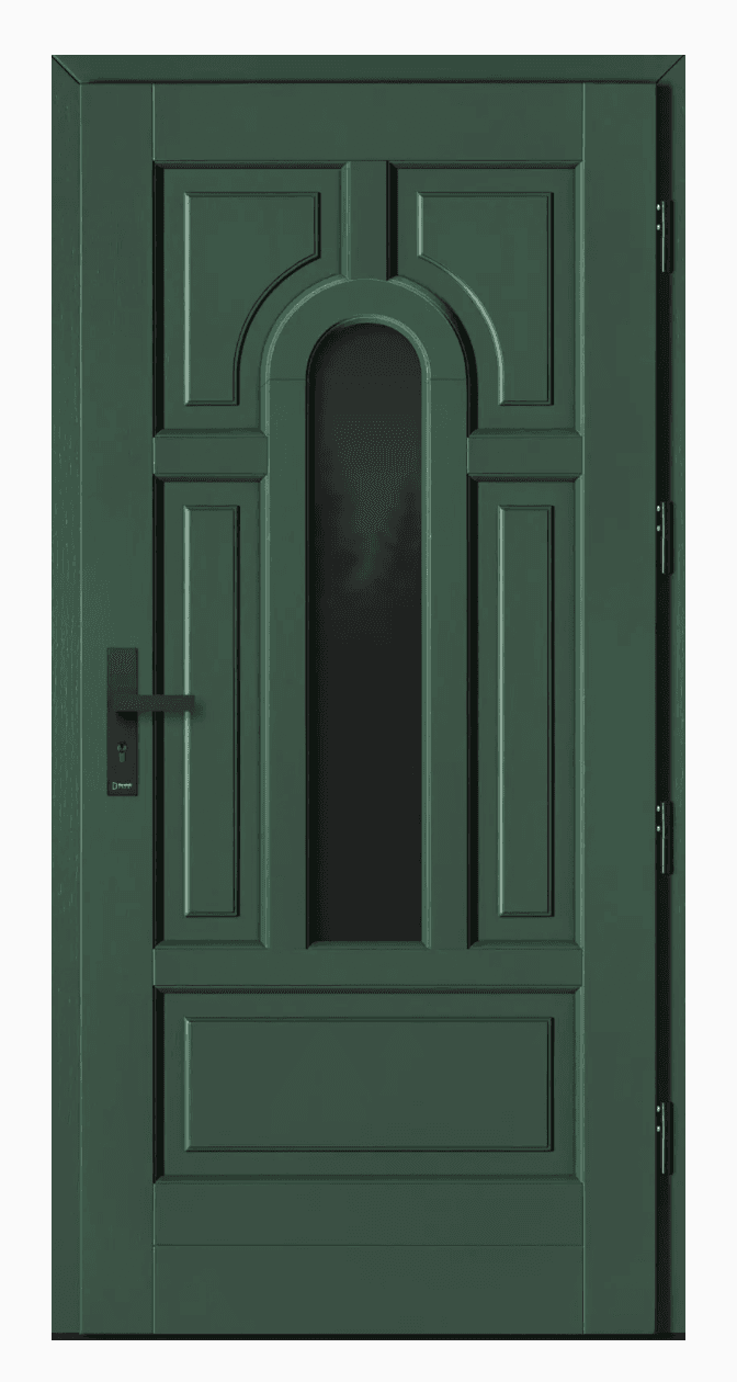 A dark green, single-panel exterior door with a prominent arched glass insert and raised panel detailing. The door features modern black lever hardware. Its design suggests a traditional or classic aesthetic, suitable for residential entryways. — 3D model