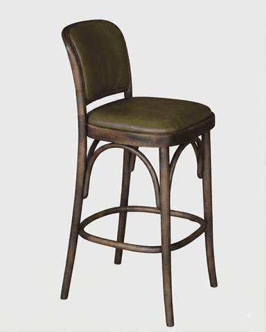 A classic bentwood bar stool featuring a dark stained wooden frame and olive green upholstered seat and backrest. The frame exhibits characteristic curved elements, including an integrated circular footrest. — 3D model