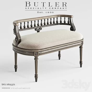 A neoclassical style settee bench featuring a distressed wood frame and a light-colored upholstered seat. The backrest is low and curved, composed of a top rail supported by a series of turned baluster-like spindles. The curved armrests transition smoothly from the back rail, featuring decorative carved scrollwork at their base. The seat is an elongated oval cushion, upholstered in a light beige or off-white fabric. The bench is supported by four fluted, tapered legs, which terminate in small, rounded feet. Each leg features a carved rosette detail at the top where it meets the seat frame. — 3D model