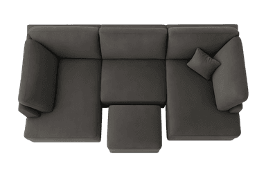 A modular three-seater sofa with a low profile and deep seating. It features thick, plush seat cushions and back cushions. The sofa is upholstered in a textured, matte gray fabric. Accent pillows are placed on either end, angled against the back cushions. The sofa rests on short, dark, block-style legs. — 3D model