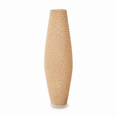 A tall, ovoid-shaped floor lamp featuring an intricate, open-weave pattern constructed from natural fibers. The lamp tapers at both ends and rests on a minimalist base of thin, light-colored metal rods. The overall design emphasizes natural textures and diffuse lighting. — 3D model