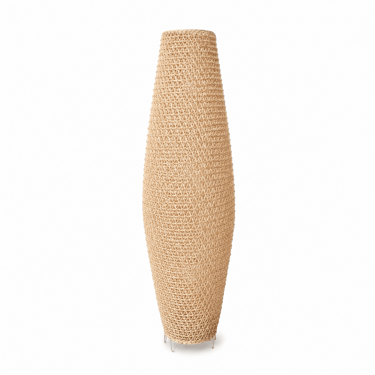 A tall, ovoid-shaped floor lamp featuring an intricate, open-weave pattern constructed from natural fibers. The lamp tapers at both ends and rests on a minimalist base of thin, light-colored metal rods. The overall design emphasizes natural textures and diffuse lighting. — 3D model