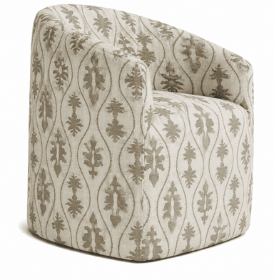 An upholstered barrel-shaped armchair featuring a rounded back and integrated arms, covered in a cream-colored fabric with a repeating taupe botanical/damask pattern. The chair appears to have a hidden swivel base, allowing for rotational movement. — 3D model