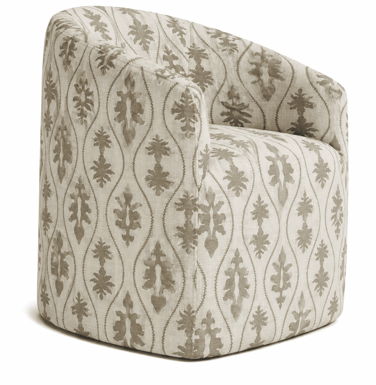 An upholstered barrel-shaped armchair featuring a rounded back and integrated arms, covered in a cream-colored fabric with a repeating taupe botanical/damask pattern. The chair appears to have a hidden swivel base, allowing for rotational movement. — 3D model