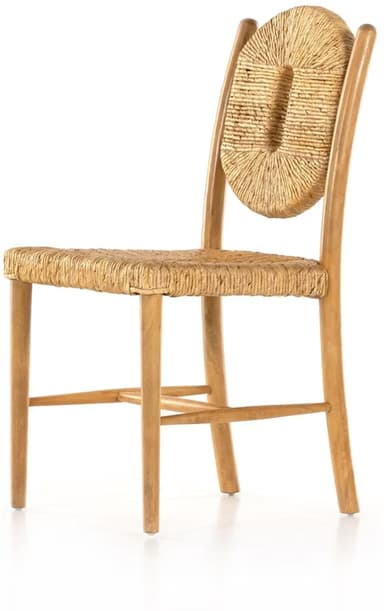 An armless chair with a light-toned wooden frame, featuring a circular, tightly woven natural fiber backrest with a central oval cutout, and a matching woven seat. — 3D model