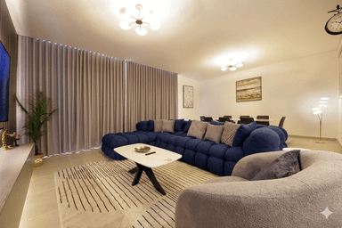 A large, modular sectional sofa upholstered in a textured, deep blue fabric. The sofa features a unique design with numerous rounded, cushion-like modules forming the seat, back, and arms, creating a bubble-like appearance. It includes several accompanying square throw pillows in the same blue fabric. — 3D model