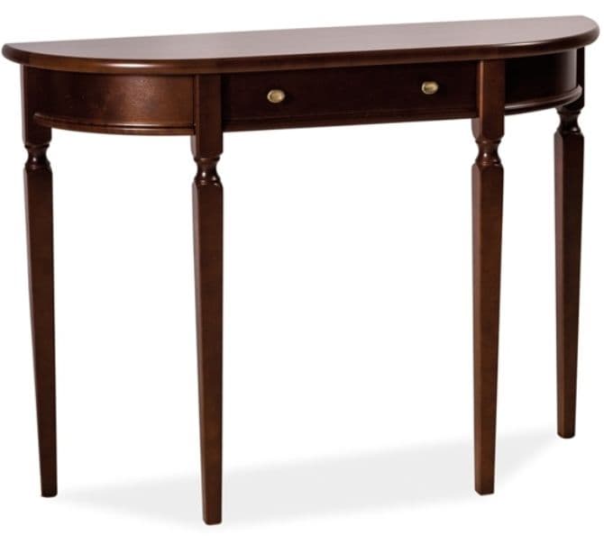A dark wood demilune (half-moon) console table featuring a single central drawer with two brass-toned knobs. The table stands on four slender, tapered legs, with two front legs having turned details near the top. The top surface is flat and semicircular, designed to be placed against a wall. — 3D model