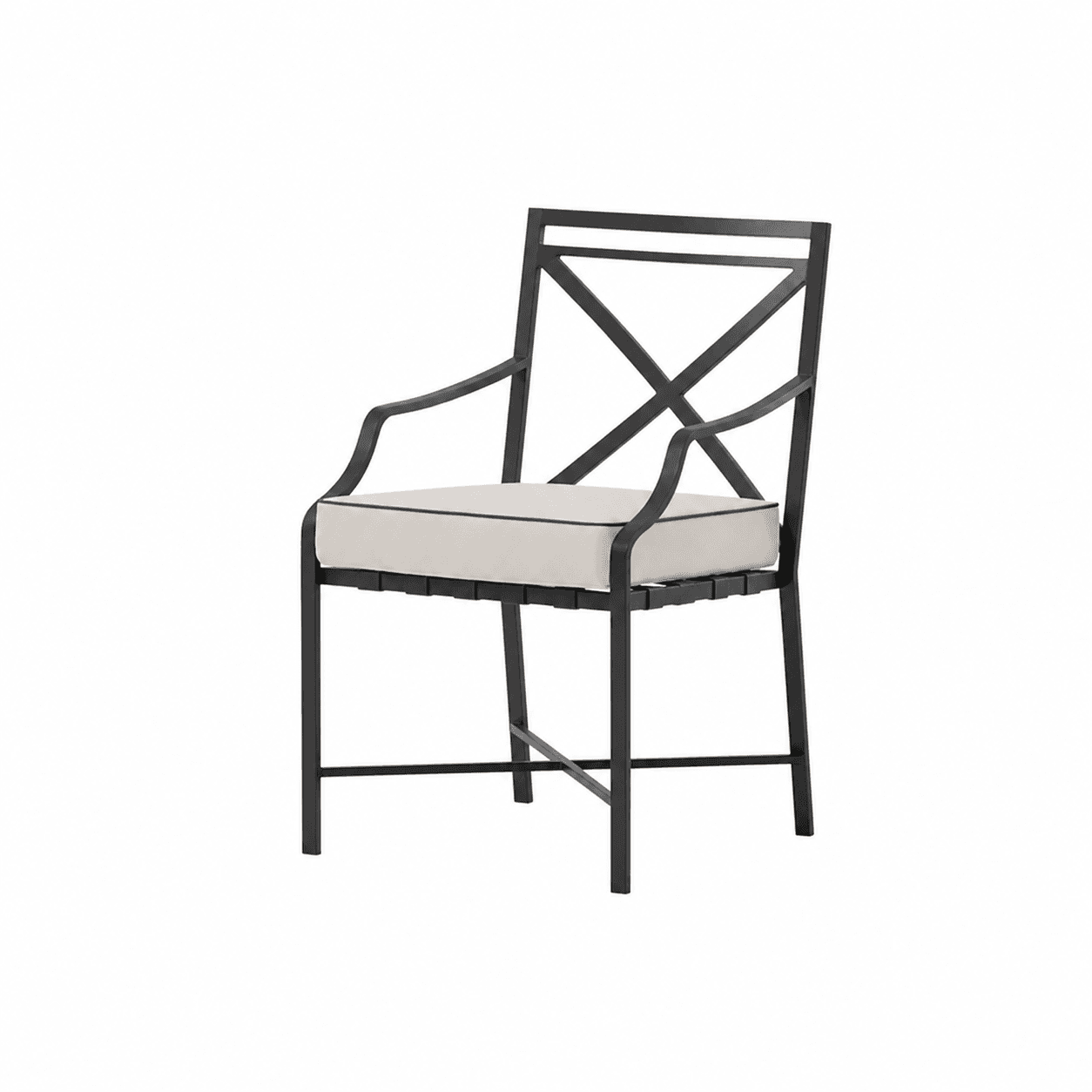 A black metal armchair with a cream-colored seat cushion. The chair features a backrest with a decorative criss-cross design and curved armrests. The seat is supported by horizontal straps and the frame is constructed from metal tubing with four legs. — 3D model