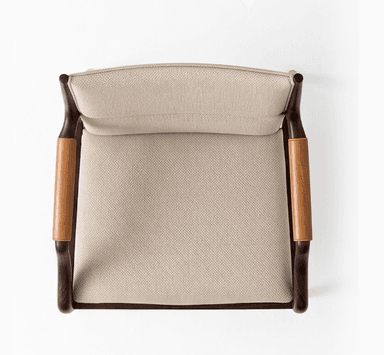 A sophisticated armchair featuring a sculpted dark wood frame with an upholstered seat and back. The design showcases elegant curves, tapered legs, and distinctive padded armrests, reflecting a Mid-Century Modern aesthetic. — 3D model