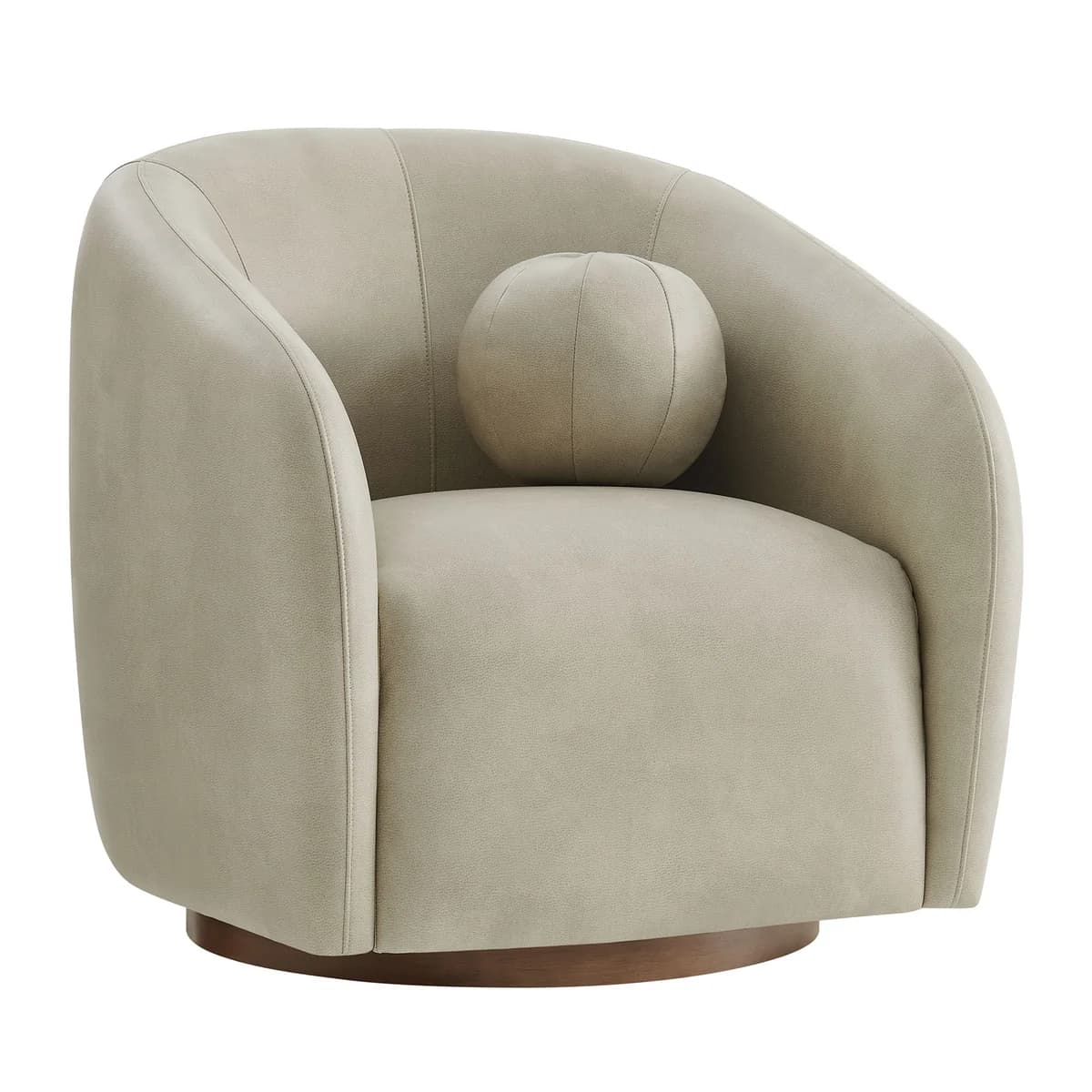 A contemporary upholstered swivel armchair with a rounded back and integrated arms, featuring a wooden swivel base and a matching spherical bolster pillow. The upholstery is a light beige or off-white textured fabric. — 3D model