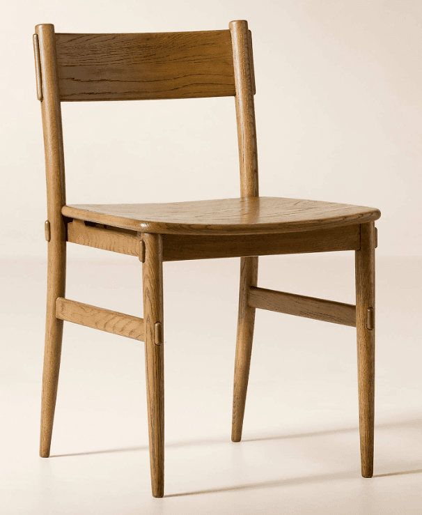 A wooden chair with a gently curved seat and a slatted backrest. The chair has four tapered legs and wooden dowel joinery visible on the legs and backrest supports. The grain of the wood is pronounced, indicating a natural wood finish. — 3D model