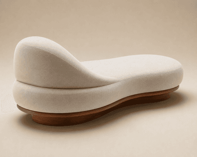 An organic modern chaise lounge featuring a soft, cream-colored upholstered body with a distinctive asymmetrical and curvilinear form. The plush seating surface and integrated, gently sloped backrest are supported by a contoured, dark wood base that mirrors the organic shape of the upper section. The design emphasizes comfort and fluid lines. — 3D model