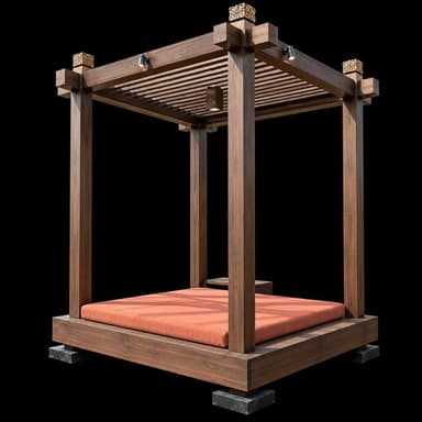 A contemporary outdoor cabana daybed featuring a robust dark-stained wooden frame, composed of a solid base platform, four substantial corner posts, and an overhead slatted canopy. The base is elevated by black stone-like blocks. A thick, orange upholstered cushion rests on the wooden platform. Small, discrete spotlights are integrated into the underside of the canopy structure, and decorative finials adorn the top of each post. — 3D model