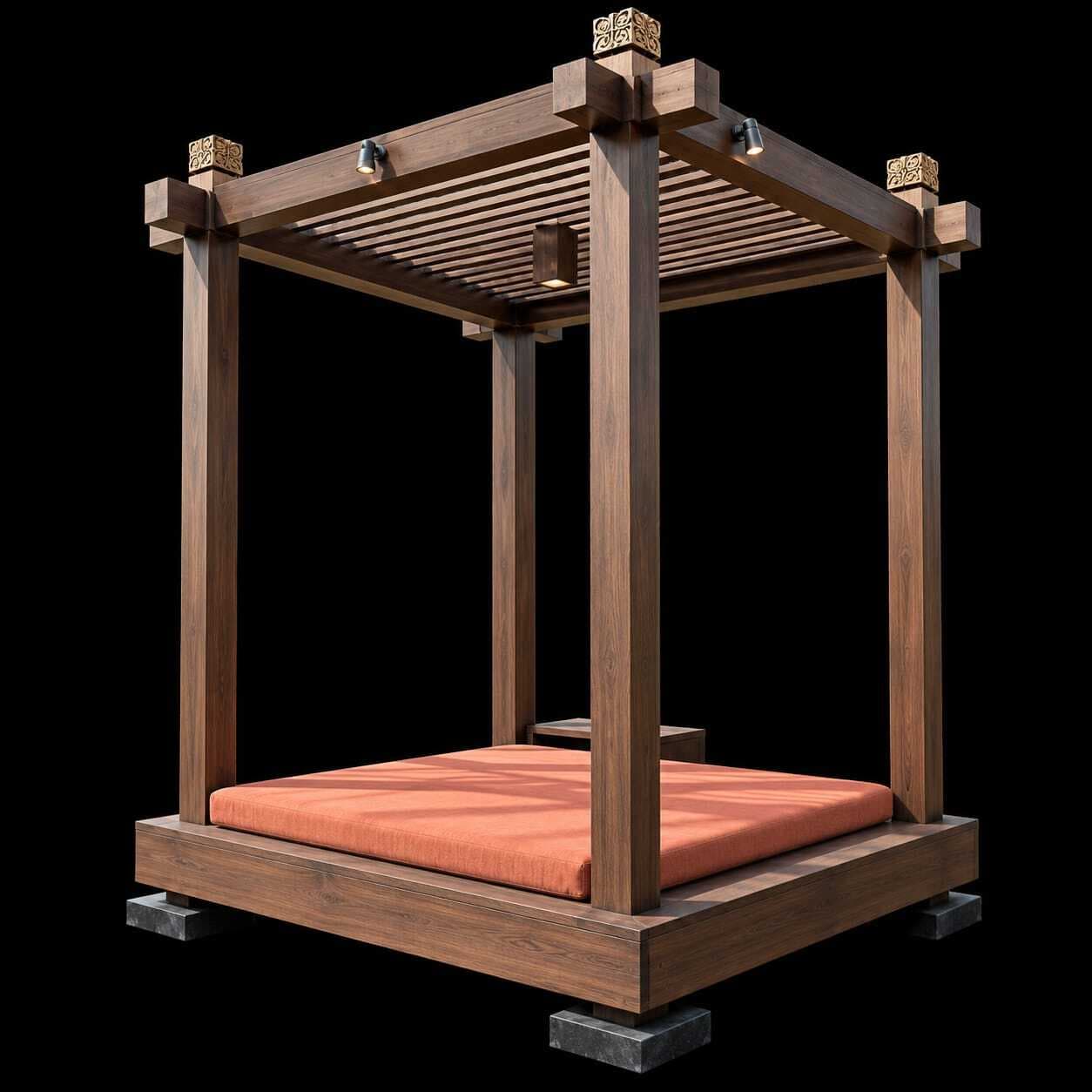 A contemporary outdoor cabana daybed featuring a robust dark-stained wooden frame, composed of a solid base platform, four substantial corner posts, and an overhead slatted canopy. The base is elevated by black stone-like blocks. A thick, orange upholstered cushion rests on the wooden platform. Small, discrete spotlights are integrated into the underside of the canopy structure, and decorative finials adorn the top of each post. — 3D model