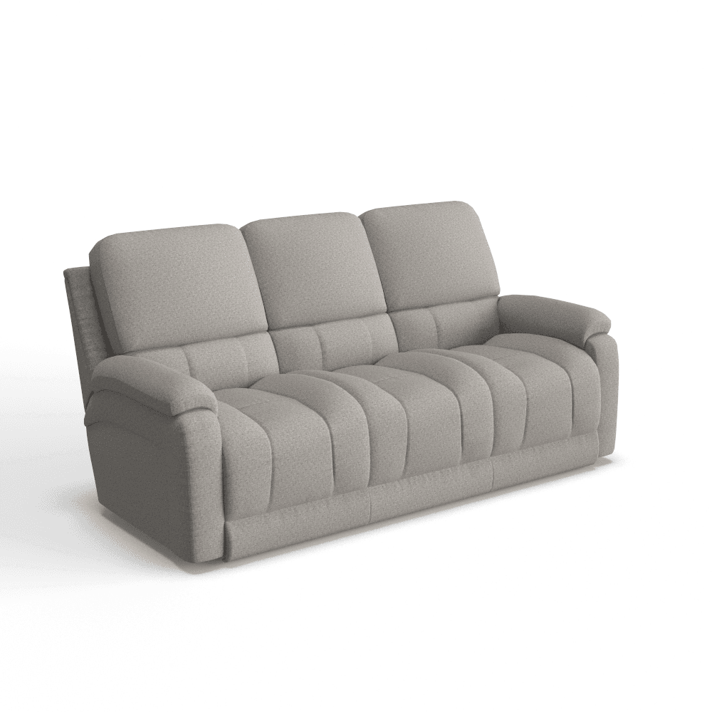 A modern, light gray upholstered reclining sofa with three individual seat and back cushions, featuring padded armrests and a mechanism allowing for recline. — 3D model
