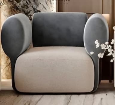 A modern, minimalist lounge chair featuring a two-tone fabric upholstery and soft, rounded forms. — 3D model