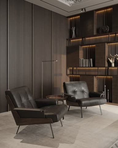 A contemporary lounge chair featuring black, button-tufted leather upholstery, a dark exposed wooden frame, and slender black metal legs. The chair has rolled armrests and a slightly reclined back, indicative of a comfortable seating experience. — 3D model