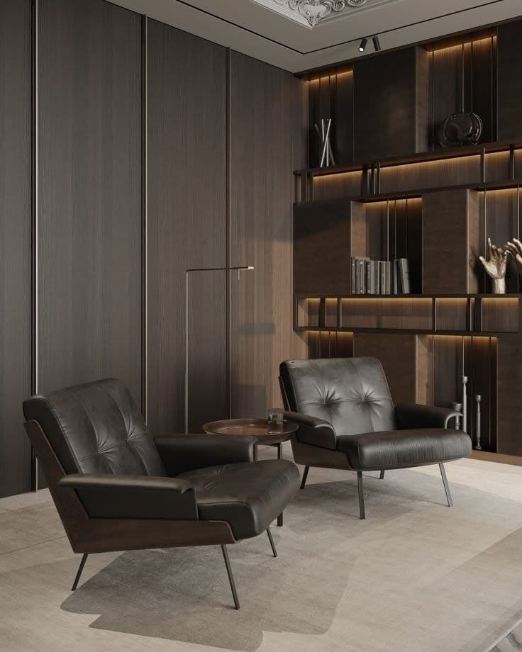 A contemporary lounge chair featuring black, button-tufted leather upholstery, a dark exposed wooden frame, and slender black metal legs. The chair has rolled armrests and a slightly reclined back, indicative of a comfortable seating experience. — 3D model