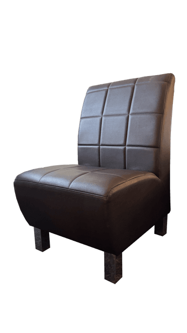 An armless chair upholstered in dark brown faux leather, featuring a distinctive square tufting pattern across both the seat and the tall, slightly curved backrest. The chair has a minimalist profile with short, concealed legs, presenting a contemporary or transitional aesthetic. — 3D model