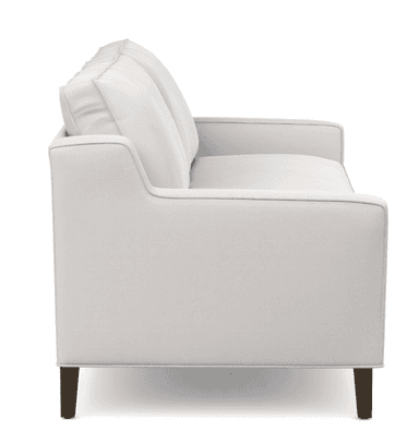 A contemporary sofa upholstered in a light gray fabric, featuring clean lines, track arms, and tapered dark wood legs. The sofa has a minimalist aesthetic with loose back cushions. — 3D model