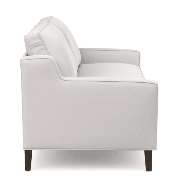A contemporary sofa upholstered in a light gray fabric, featuring clean lines, track arms, and tapered dark wood legs. The sofa has a minimalist aesthetic with loose back cushions. — 3D model