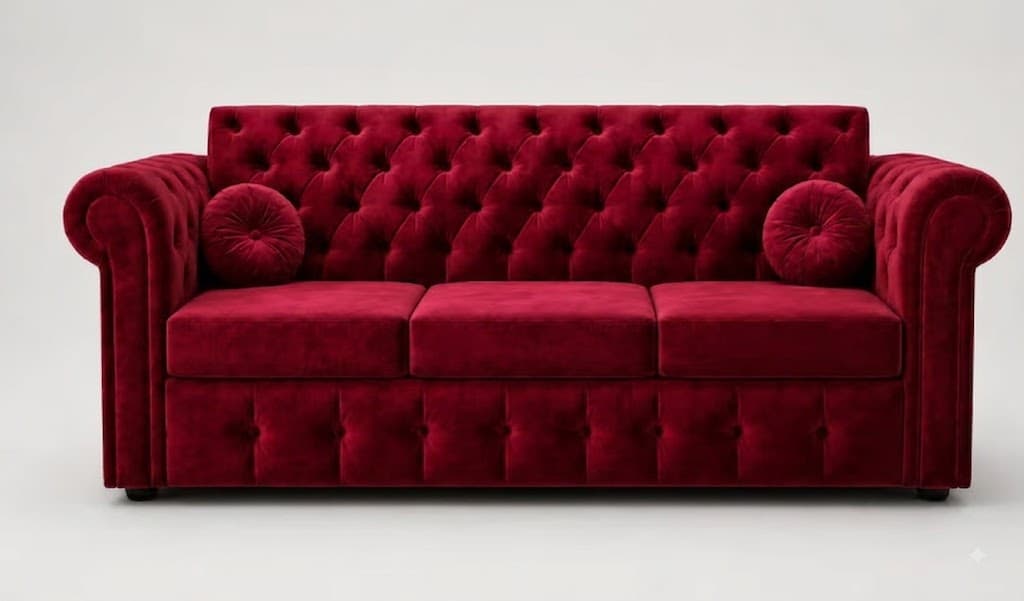 A three-seater sofa, upholstered in rich red velvet, featuring traditional Chesterfield-style deep button tufting on the high backrest and scrolled arms, and a tufted apron. It includes three removable seat cushions and two matching round bolster pillows. — 3D model