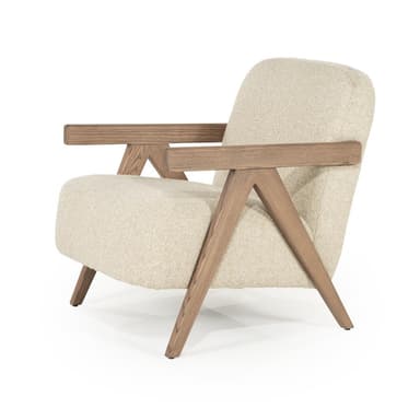 A modern armchair with a rounded backrest and seat, featuring wooden armrests and legs. The upholstery appears to be a textured, light-colored fabric. The wooden frame has a visible grain and a natural finish. The design incorporates angled wooden supports for the armrests and legs, giving it a distinctive silhouette. — 3D model