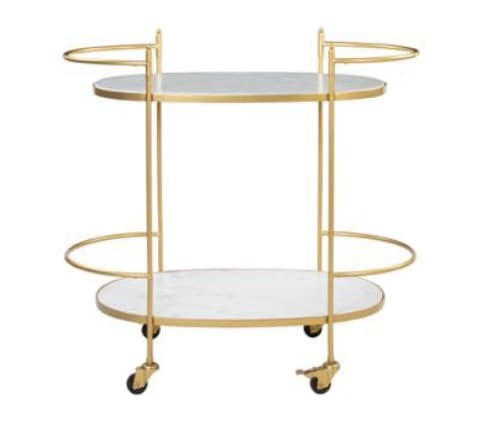 A modern two-tiered bar cart featuring a polished gold-finished metal frame and two oval-shaped shelves that resemble white marble. The cart includes semi-circular rails for handles and bottle guards, and is equipped with casters for mobility. — 3D model
