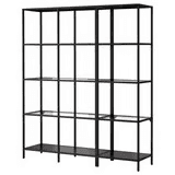 A tall, rectangular shelving unit featuring a black metal frame and multiple tiers of open shelving. The unit has a grid-like structure with vertical and horizontal metal bars. The top three shelves appear to be clear glass, while the bottom shelf is a solid black panel, likely metal. The design is minimalist and industrial, providing ample display and storage space. — 3D model