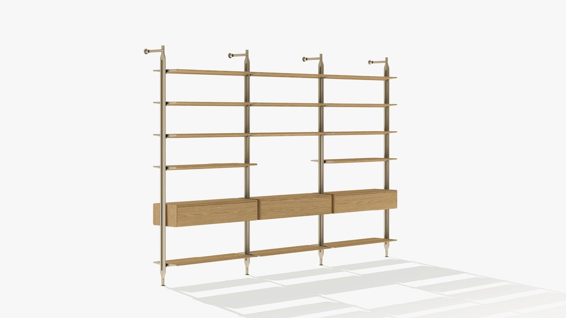 A contemporary modular wall-mounted shelving unit featuring multiple wooden shelves and integrated drawer modules, supported by vertical metal uprights. — 3D model