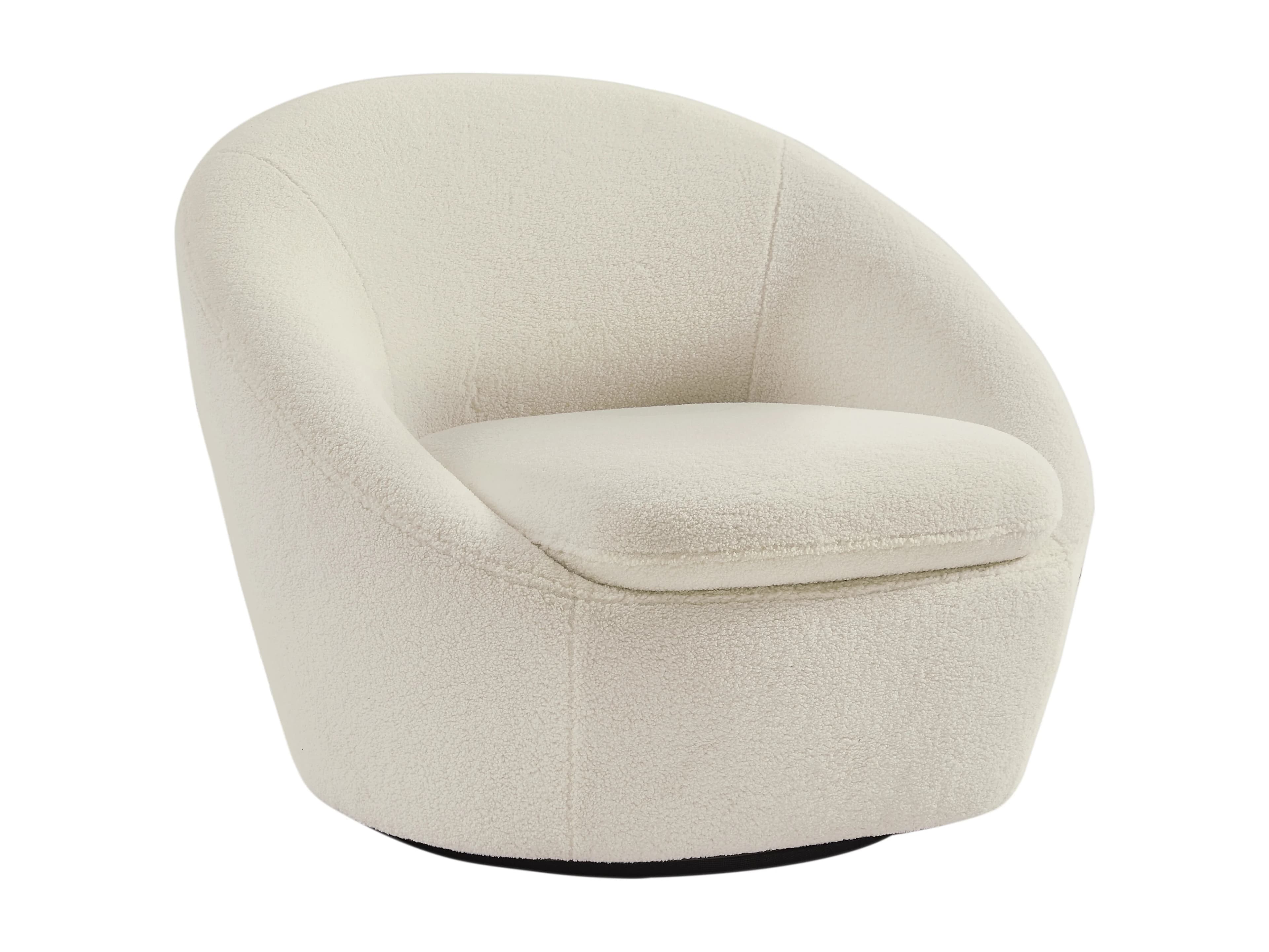 A modern armchair with a rounded, upholstered form. The chair features a high, curved backrest that flows into the armrests, creating a continuous shell. The seat is a separate, plush cushion that fits snugly within the base. The base appears to be a low-profile, rotating pedestal in a dark color. The upholstery has a textured, shaggy appearance, reminiscent of boucle fabric. — 3D model