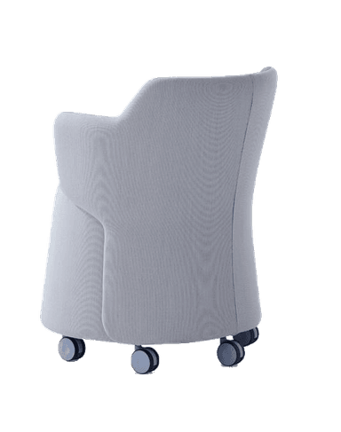 A modern armchair with a rounded, barrel-like base and a slightly flared backrest. The armchair features integrated armrests that flow into the back. It is upholstered in two distinct shades of fabric and stands on four small, dark casters. — 3D model