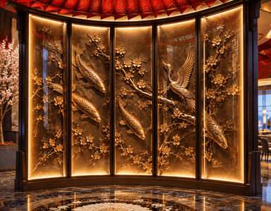 A curved, dark wood cabinet featuring five vertical panels, each intricately detailed with gold-toned relief carvings of Asian-inspired motifs including koi fish, a crane, and cherry blossoms. The panels are backlit, illuminating the dimensional artwork and creating a warm glow. The cabinet has a solid top surface and a sturdy base. — 3D model