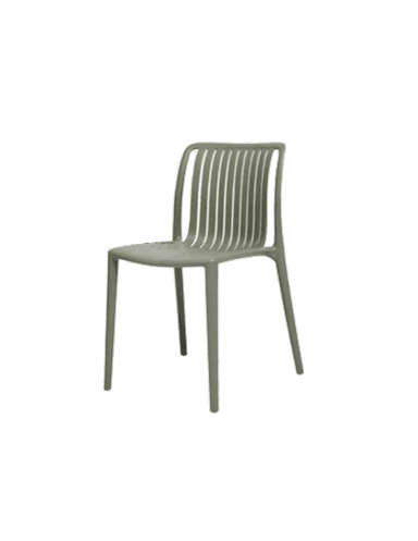 A contemporary-style side chair with a molded seat and back. The backrest features vertical slats, providing a modern aesthetic. The chair has four slender legs that taper slightly. — 3D model