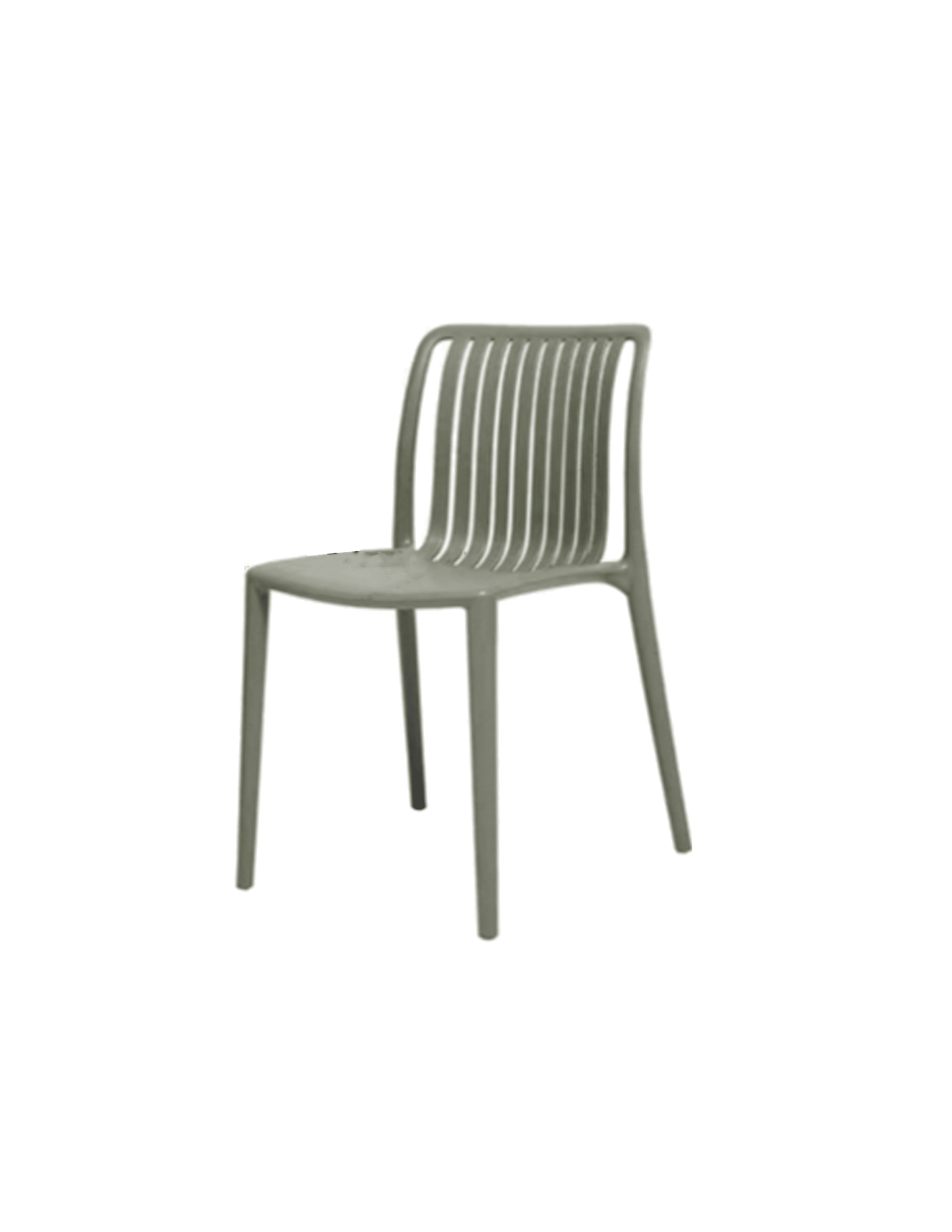A contemporary-style side chair with a molded seat and back. The backrest features vertical slats, providing a modern aesthetic. The chair has four slender legs that taper slightly. — 3D model