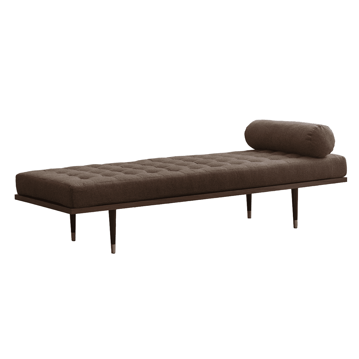 A modern daybed with a tufted rectangular mattress and a single cylindrical bolster pillow at the head. The frame is low-profile and supported by four slender, tapered legs that appear to be made of wood, with brass accents at the feet. — 3D model