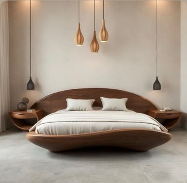 A bed with a distinctive curved wooden headboard and frame, featuring integrated, floating side tables. The design is contemporary and organic. — 3D model