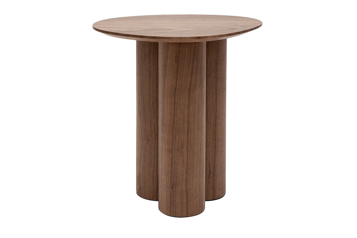 A minimalist side table with a round, slightly beveled top and a base composed of three cylindrical legs that are closely spaced. — 3D model