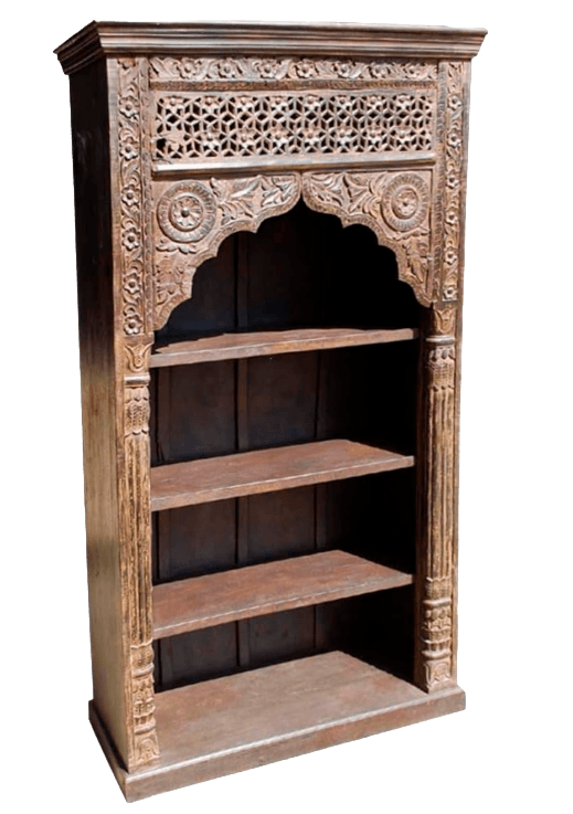 A tall, narrow wooden bookcase with an ornate carved top section. It features three shelves within an open-fronted design. The uprights and the header above the shelves are elaborately decorated with intricate geometric patterns, floral motifs, and curved archways. The wood appears aged with a visible grain and a dark, rich finish. — 3D model