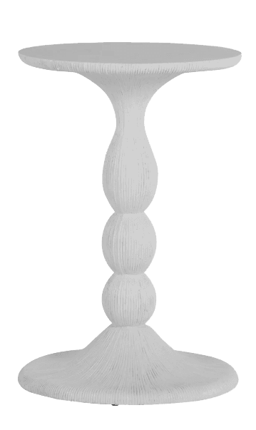 A white end table with a circular top and a pedestal base. The pedestal is decorative, featuring three stacked spherical elements and a flared base, all with a textured, ribbed surface. — 3D model